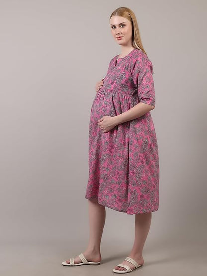 ZIFAZA Women's Maternity Wear | Soft Comfortable Ethnic Outfit for Pregnant Women | Feeding Friendly A-Line Nursing Dress for Moms-to-Be