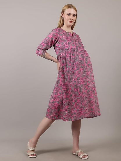 ZIFAZA Women's Maternity Wear | Soft Comfortable Ethnic Outfit for Pregnant Women | Feeding Friendly A-Line Nursing Dress for Moms-to-Be