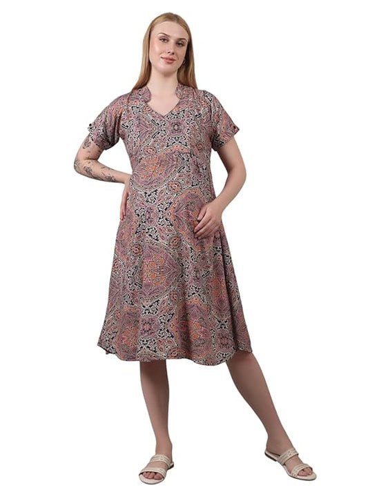 ZIFAZA Women's Maternity Wear | Soft Comfortable Ethnic Outfit for Pregnant Women | Feeding Friendly A-Line Nursing Dress for Moms-to-Be