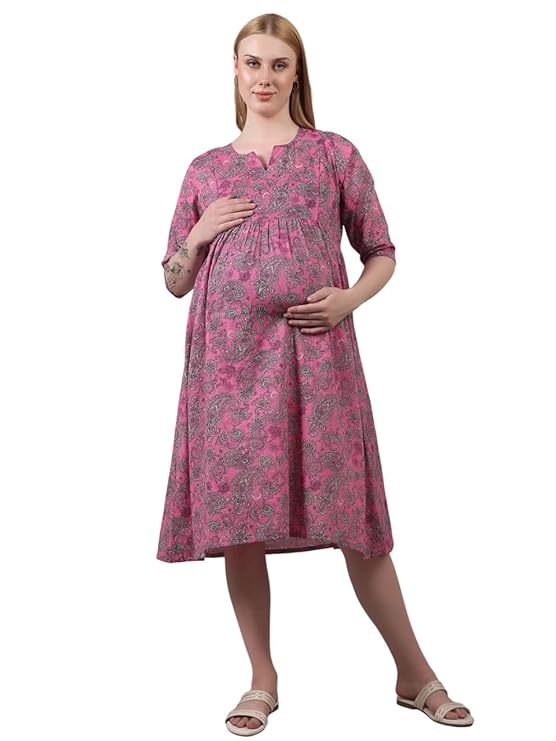ZIFAZA Women's Maternity Wear | Soft Comfortable Ethnic Outfit for Pregnant Women | Feeding Friendly A-Line Nursing Dress for Moms-to-Be