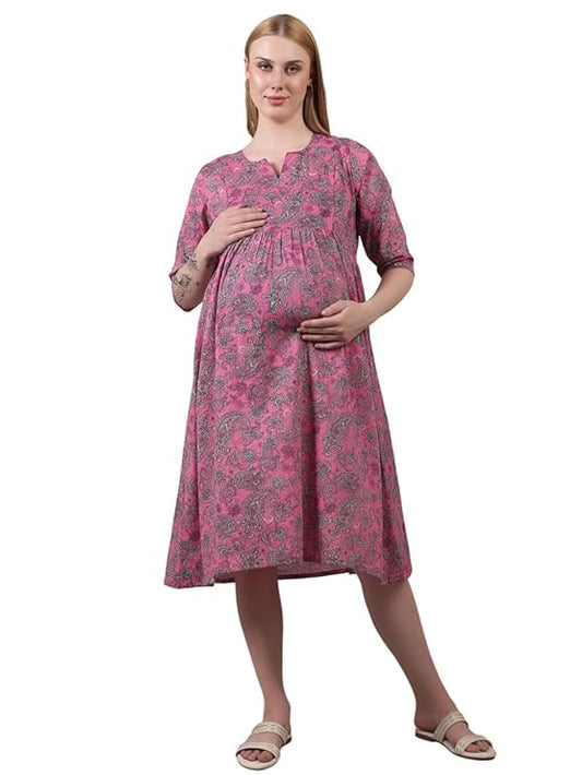 ZIFAZA Women's Maternity Wear | Soft Comfortable Ethnic Outfit for Pregnant Women | Feeding Friendly A-Line Nursing Dress for Moms-to-Be