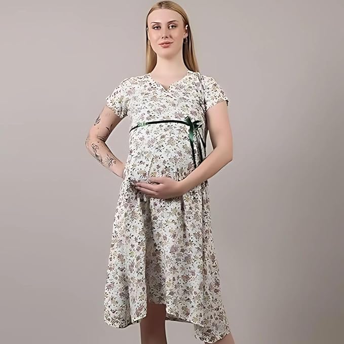 ZIFAZA Women's Maternity Wear | Soft Comfortable Ethnic Outfit for Pregnant Women | Feeding Friendly A-Line Nursing Dress for Moms-to-Be