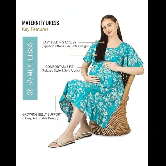 ZIFAZA Women's Maternity Wear | Turquoise Floral Maternity & Nursing Dress with Concealed Feeding Zipper