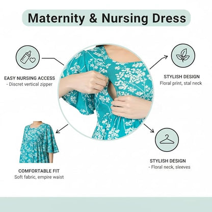 ZIFAZA Women's Maternity Wear | Turquoise Floral Maternity & Nursing Dress with Concealed Feeding Zipper