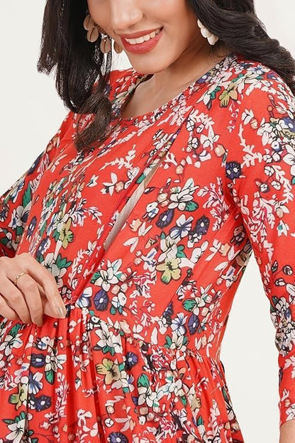ZIFAZA Women's Maternity Dress | Rayon Floral Print Pregnancy Dress with Nursing Zippers | Comfortable Viscose Rayon Breastfeeding Wear for Moms