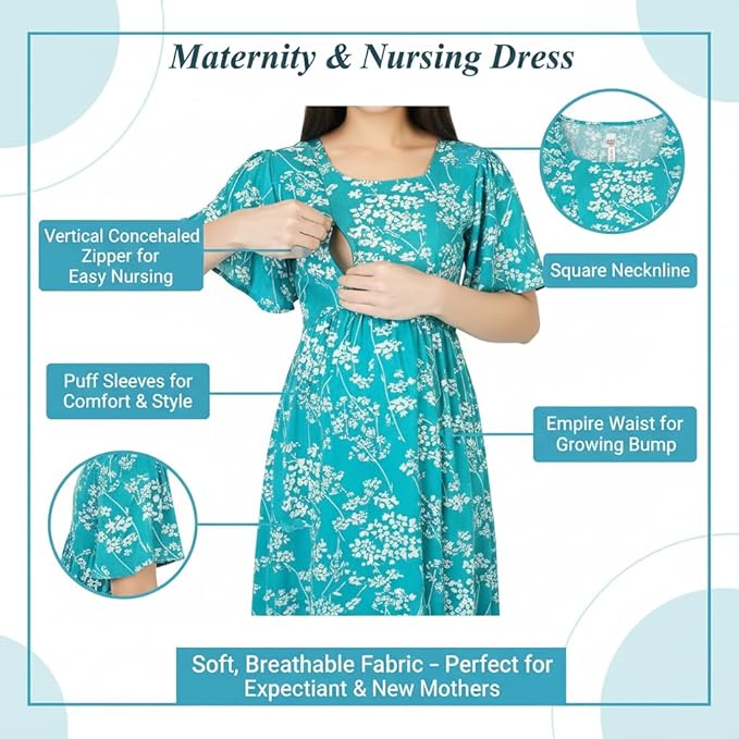 ZIFAZA Women's Maternity Wear | Turquoise Floral Maternity & Nursing Dress with Concealed Feeding Zipper