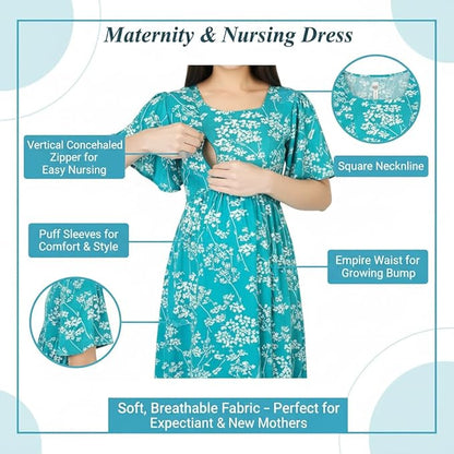 ZIFAZA Women's Maternity Wear | Turquoise Floral Maternity & Nursing Dress with Concealed Feeding Zipper