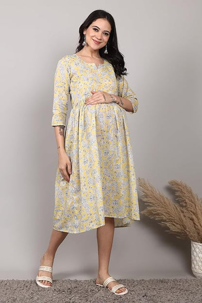 ZIFAZA Women's Maternity Wear | Soft Comfortable Ethnic Outfit for Pregnant Women | Feeding Friendly A-Line Nursing Dress for Moms-to-Be