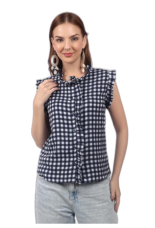 ZIFAZA Women's Gingham Checkered Sleeveless Top | Casual Button Down Shirt with Ruffle Neck & Frill Sleeves | Summer Cotton Blouse for Girls & Women