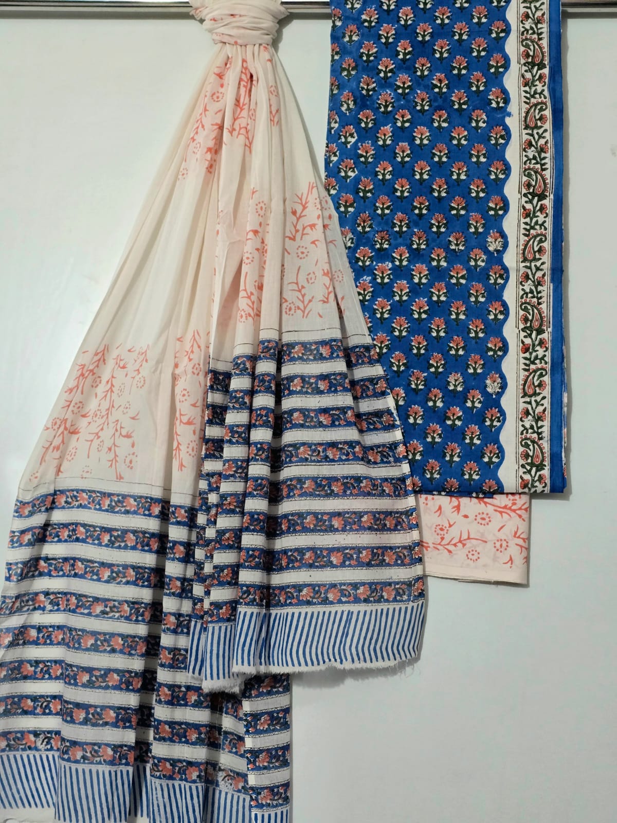 Blue & Beige Cotton Suit Set with Floral Print – Unstitched 3-Piece Set