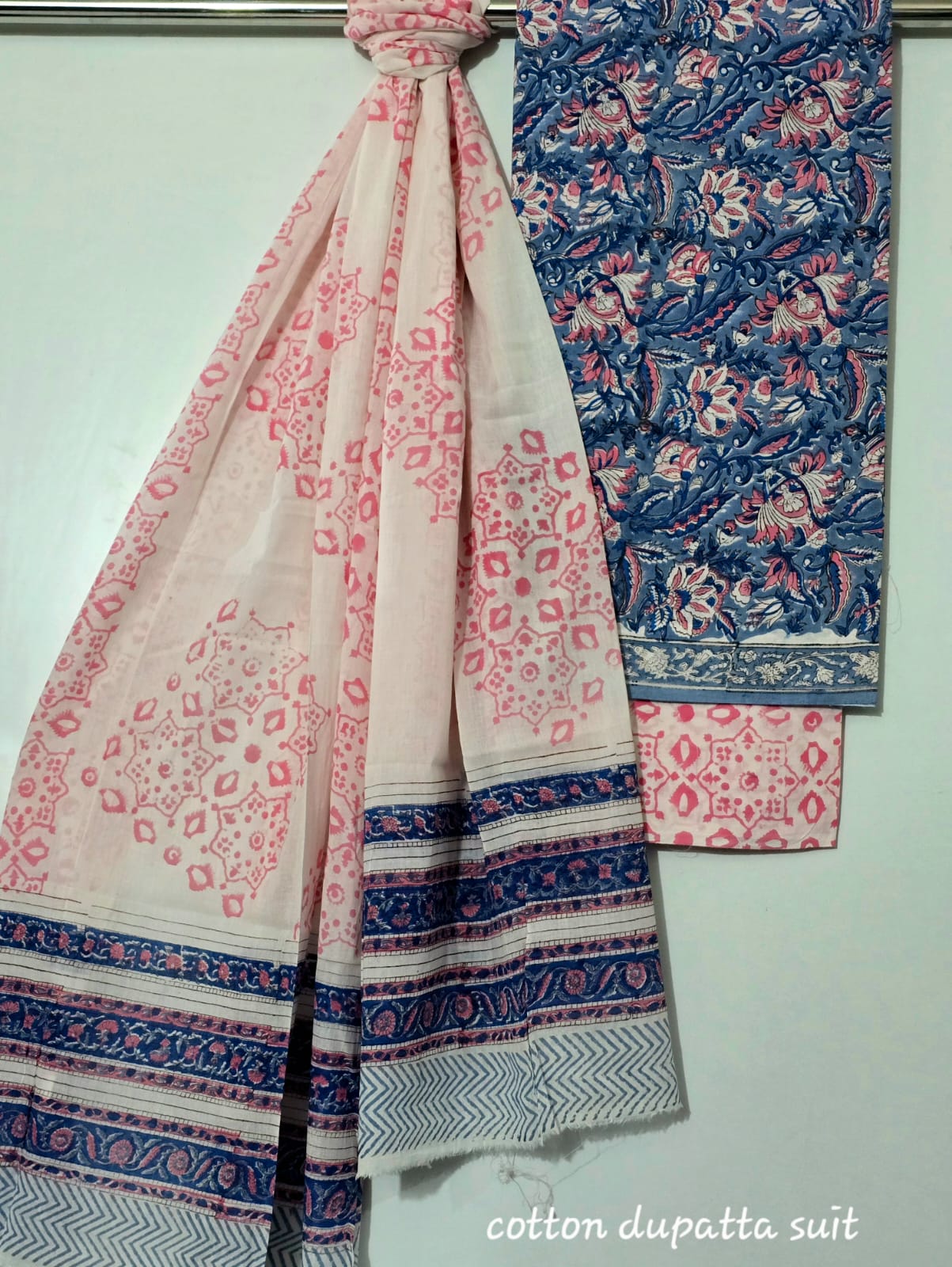 Blue & Beige Cotton Suit Set with Floral Print – Unstitched 3-Piece Set