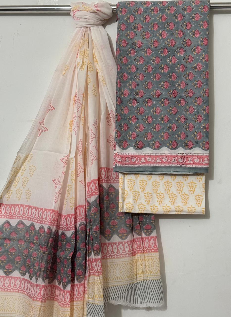 Cotton Dupatta Suit Set in Soft Pink and Purple