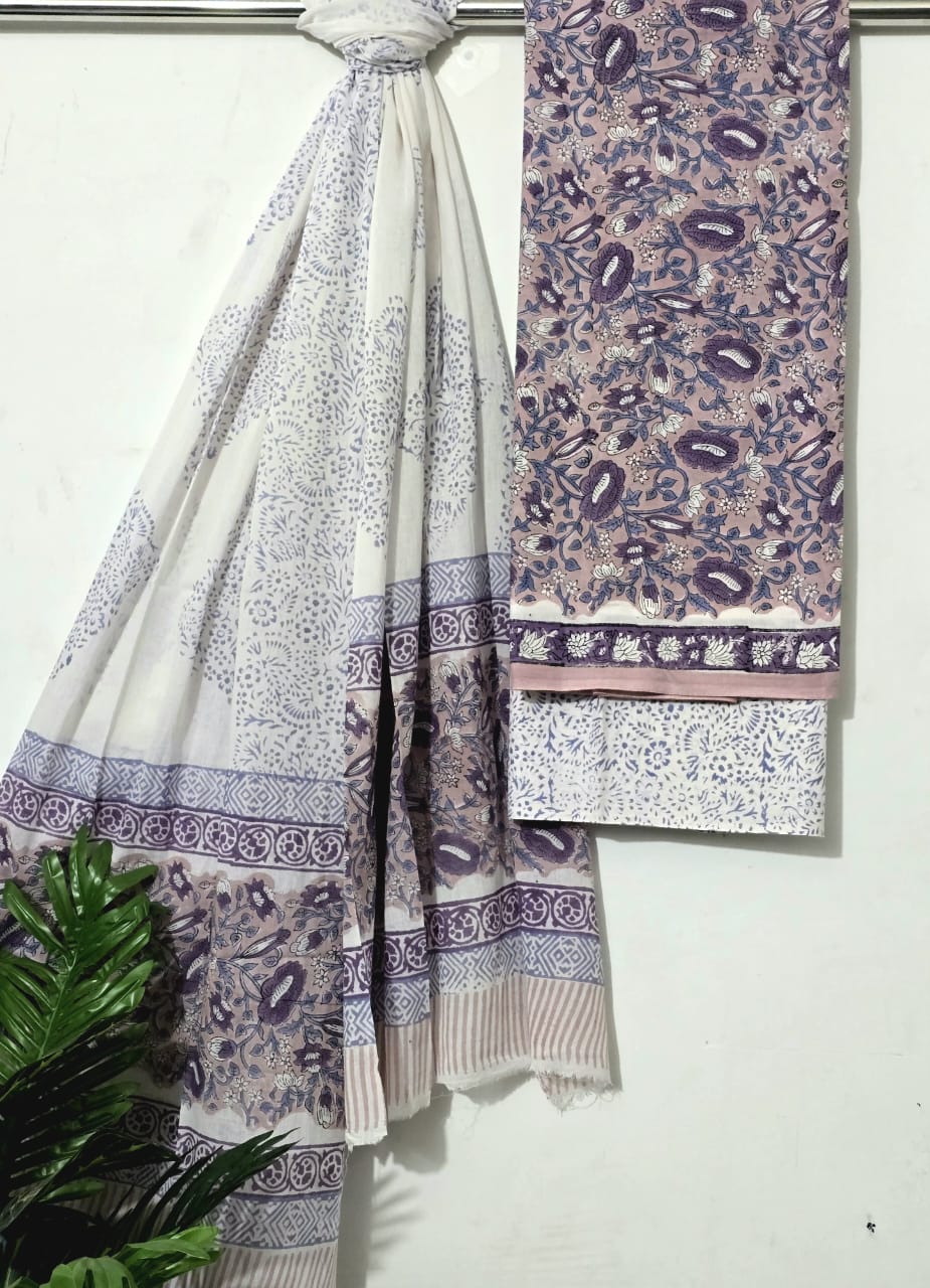 Cotton Dupatta Suit Set in Soft Pink and Purple
