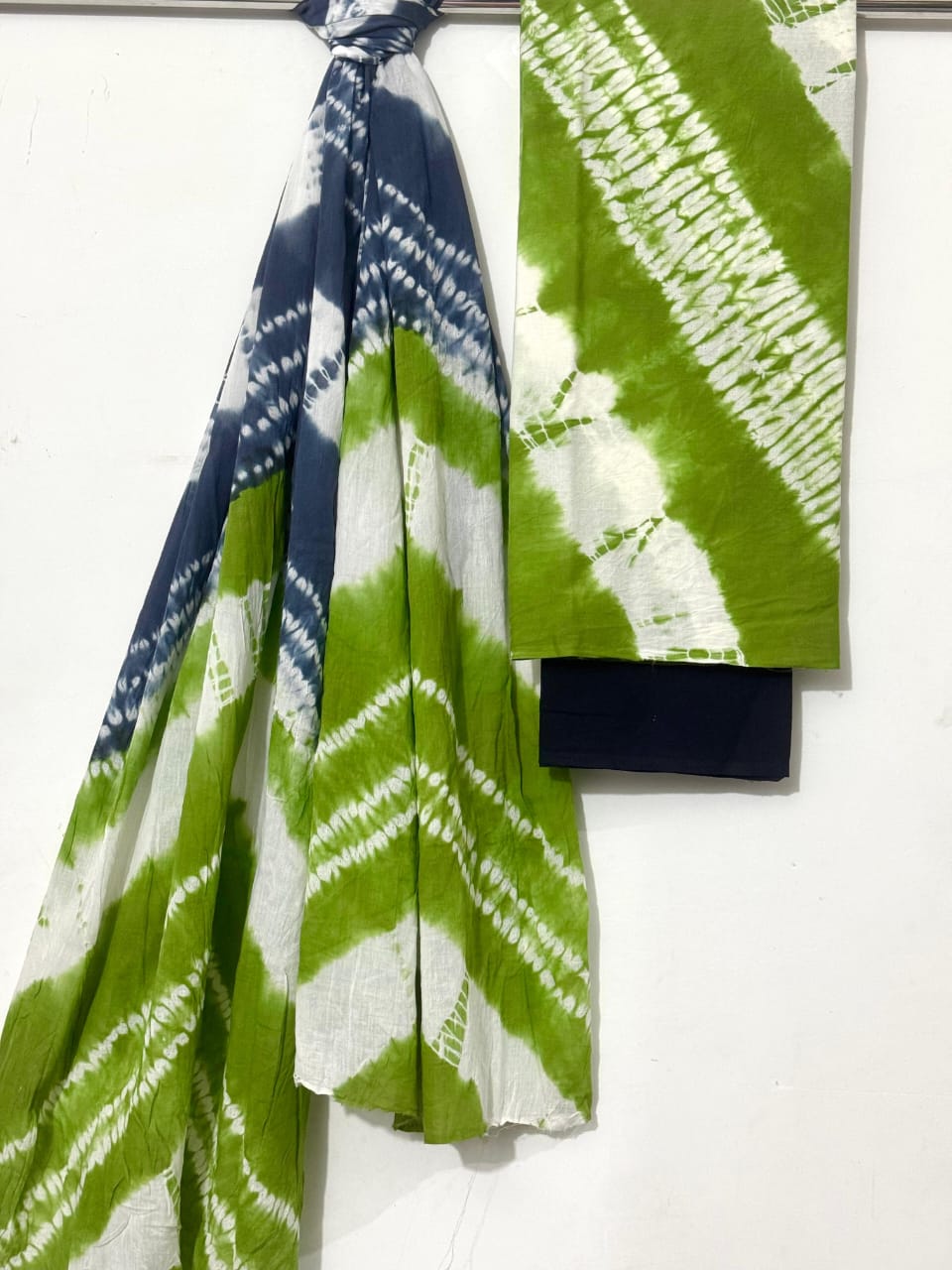 Vibrant Green and Blue Cotton Dupatta Suit Set