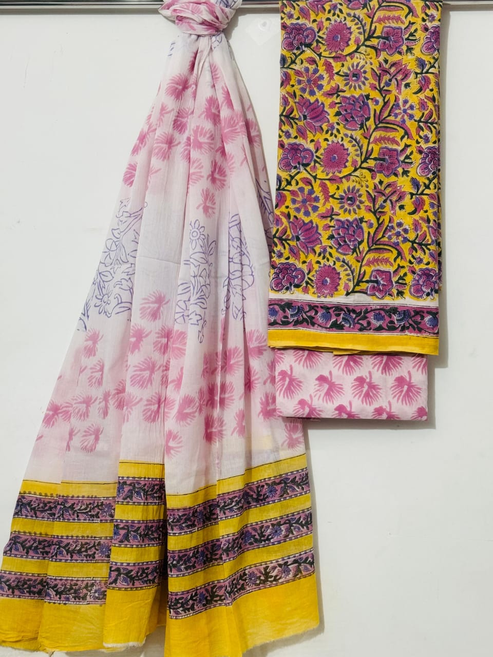 Blue & Beige Cotton Suit Set with Floral Print – Unstitched 3-Piece Set