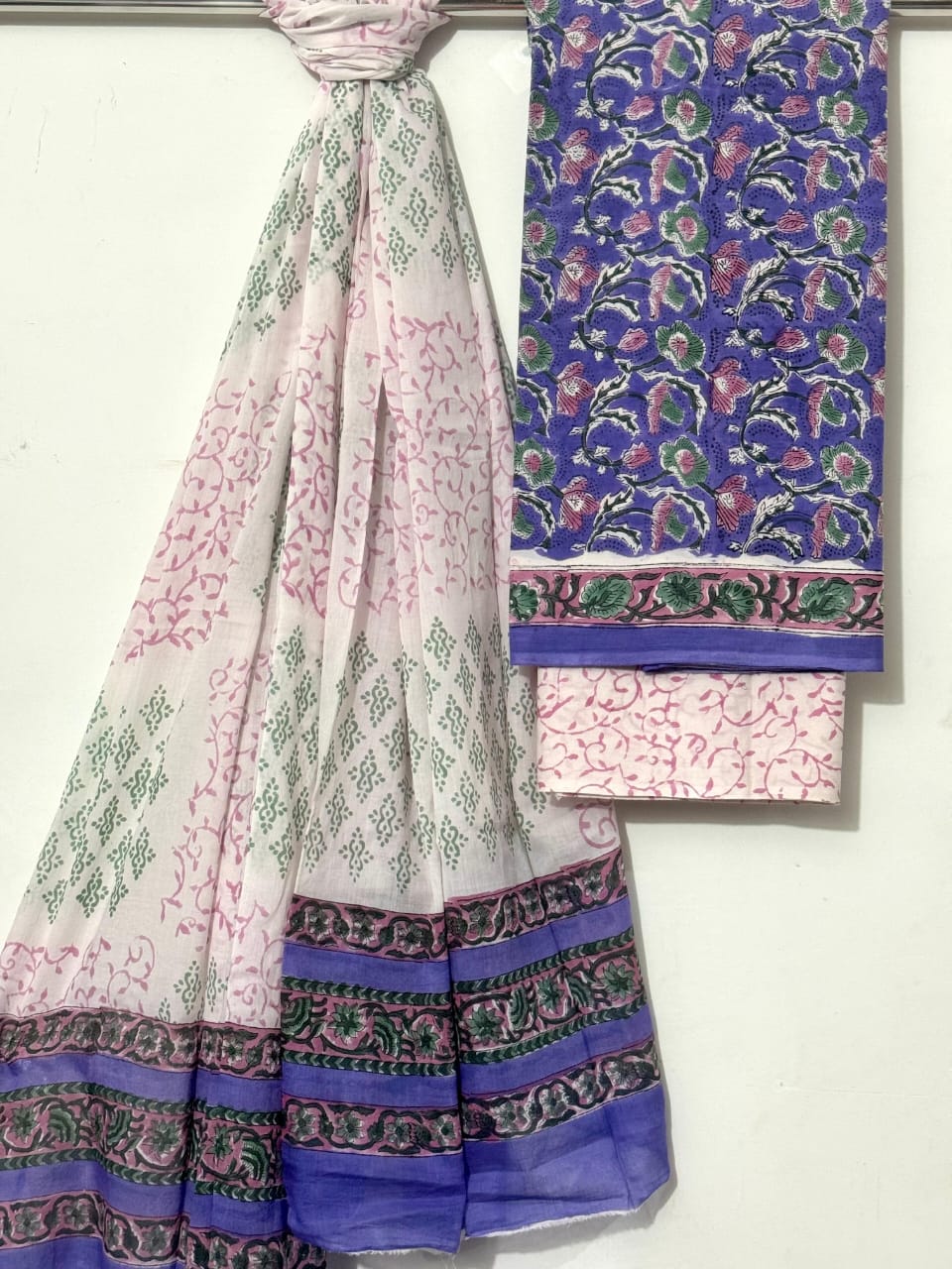 Blue & Beige Cotton Suit Set with Floral Print – Unstitched 3-Piece Set