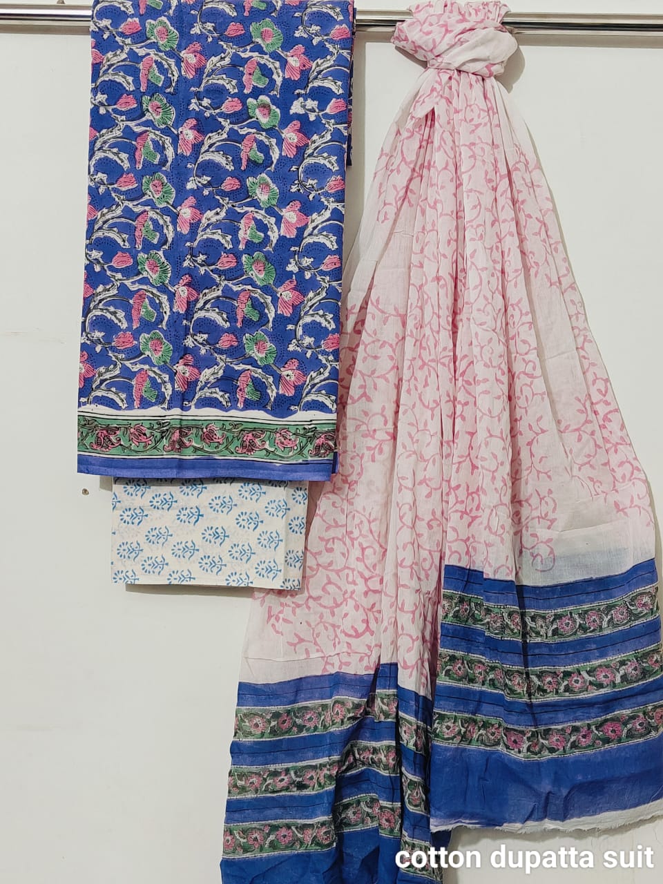 Blue & Beige Cotton Suit Set with Floral Print – Unstitched 3-Piece Set