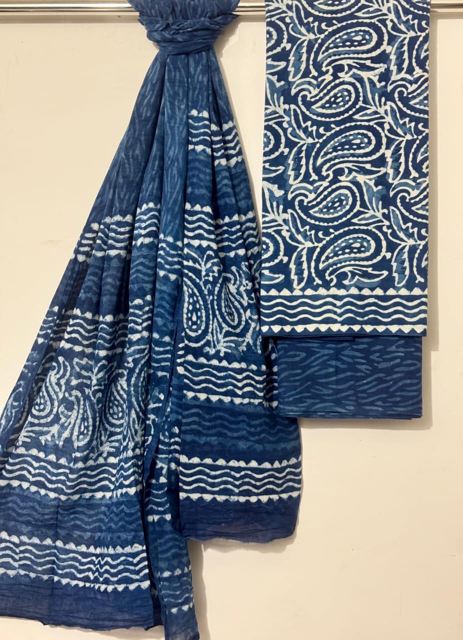 Indigo Blue Handblock Cotton Suit Set – Unstitched 3-Piece Set