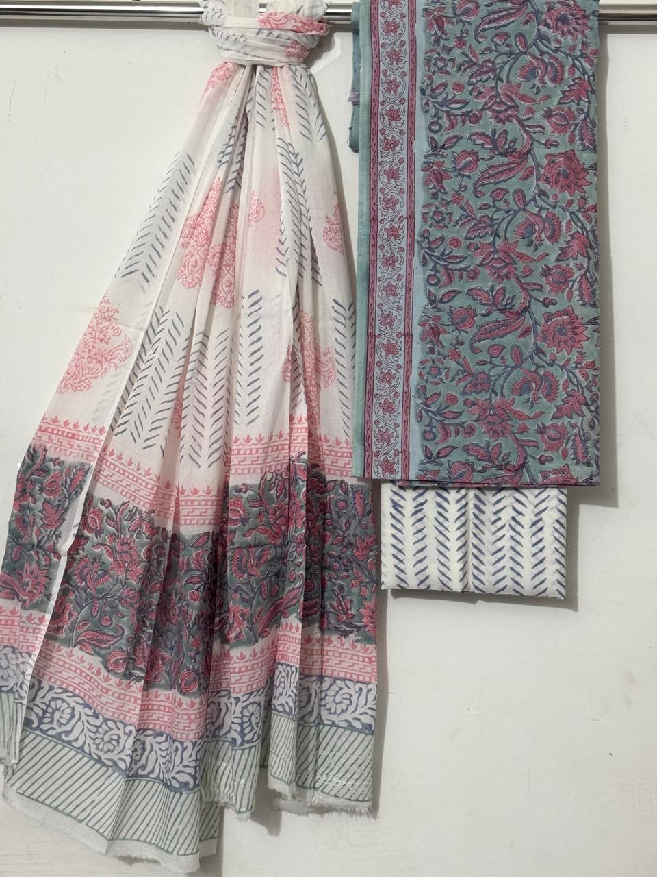 Cotton Dupatta Suit Set in Soft Pink and Purple