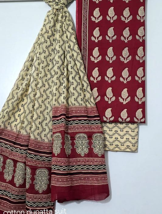 Maroon & Beige Cotton Suit Set with Traditional Prints – Unstitched 3-Piece Set