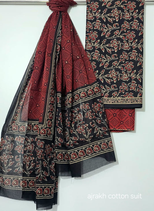 Maroon & Beige Cotton Suit Set with Traditional Prints – Unstitched 3-Piece Set