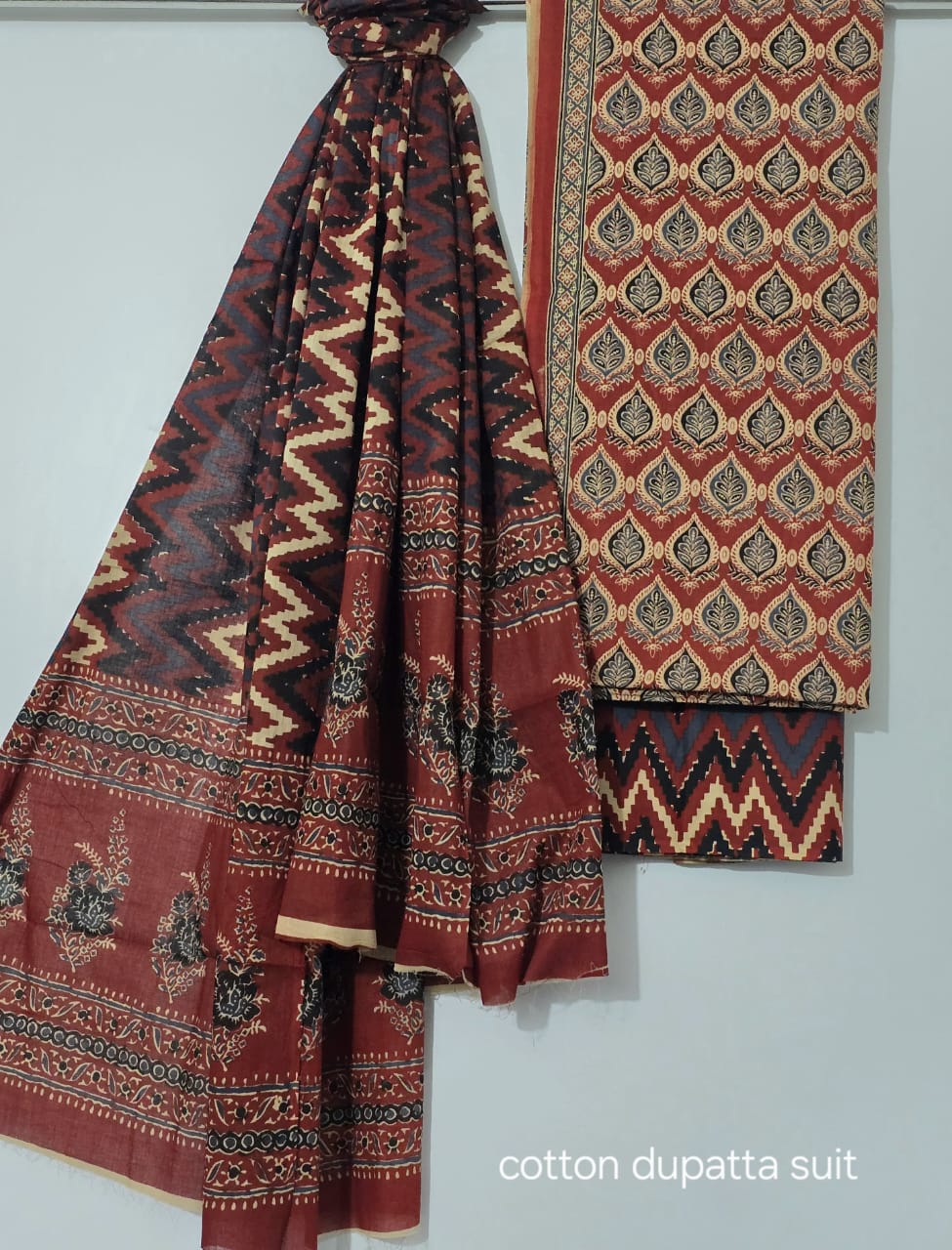 Maroon & Beige Cotton Suit Set with Traditional Prints – Unstitched 3-Piece Set