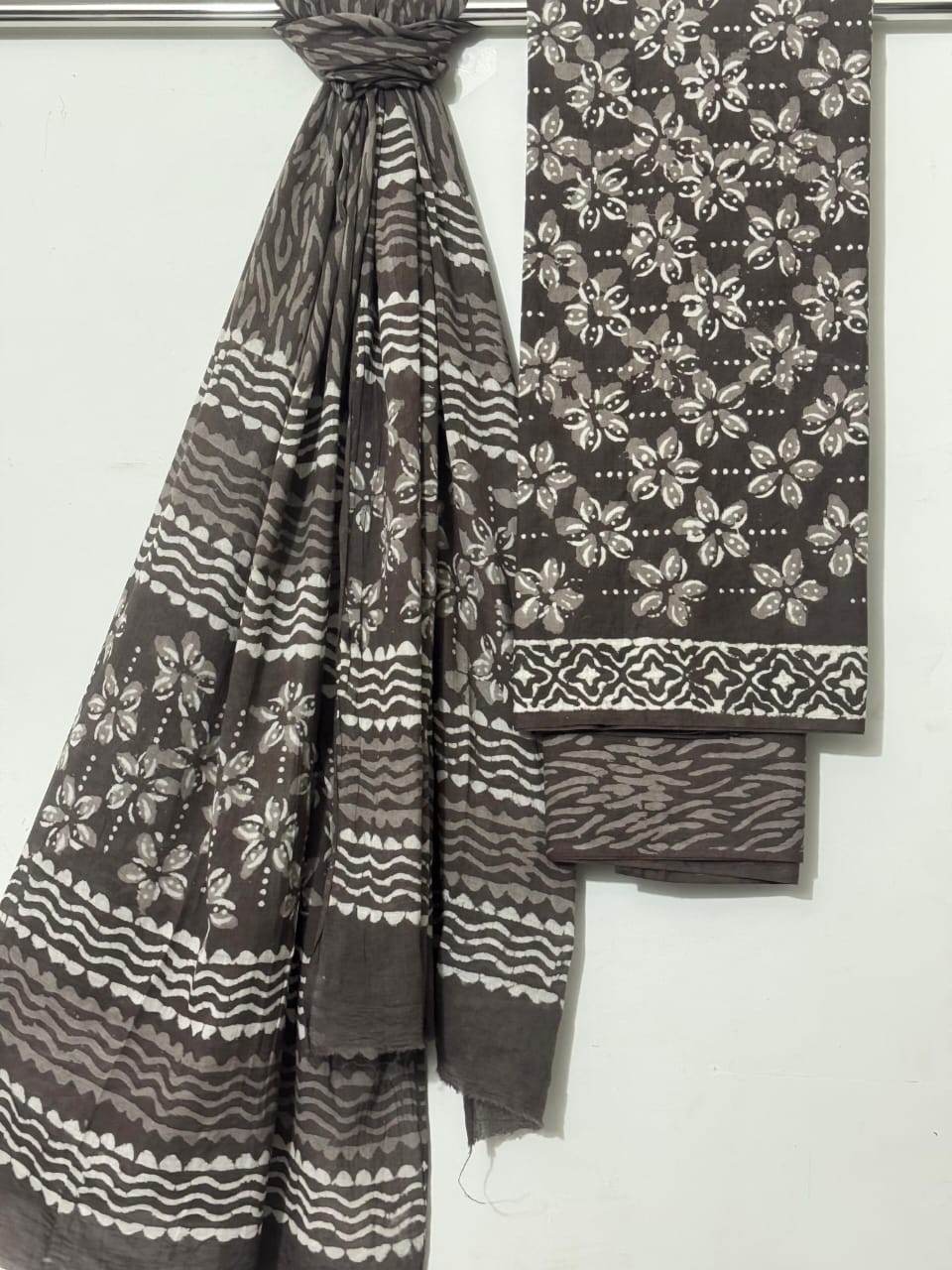 Indigo Cotton Dupatta Suit Set with White Prints