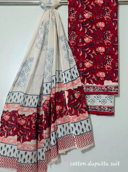 Cotton Dupatta Suit Set in Soft Pink and Purple