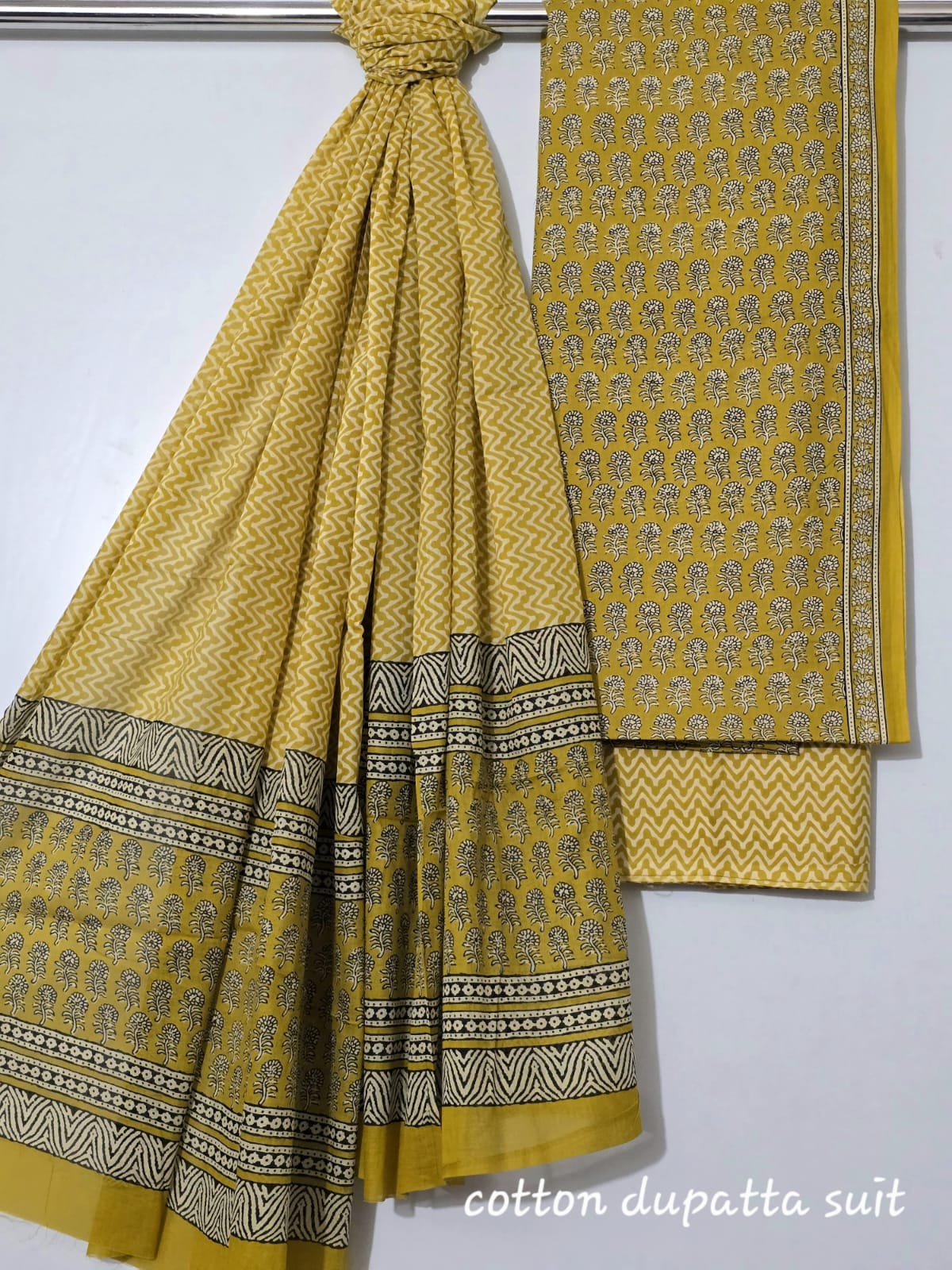 Cotton Dupatta Suit with Traditional Print – Yellow Zigzag & Tree Motifs