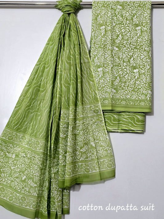 Cotton Dupatta Suit with Traditional Print – Yellow Zigzag & Tree Motifs