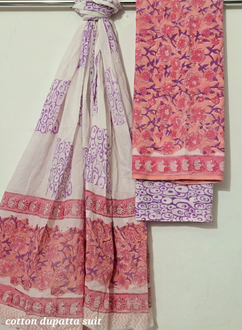 Cotton Dupatta Suit Set in Soft Pink and Purple