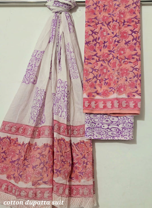 Cotton Dupatta Suit Set in Soft Pink and Purple