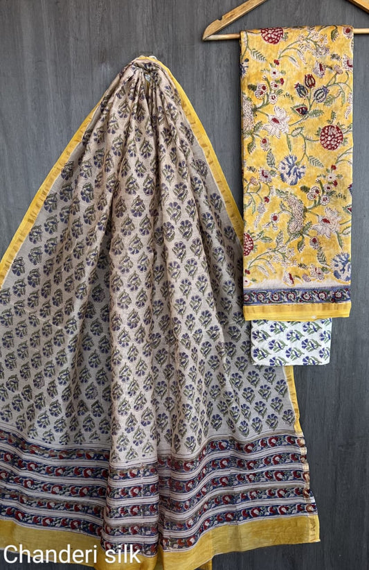 Chanderi Silk Unstitched Suit Set – 2.5m Silk Top & Dupatta with Cotton Bottom