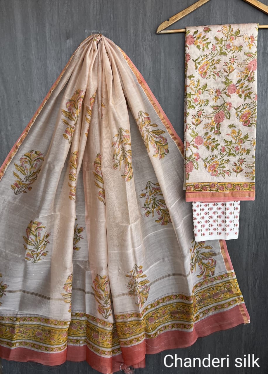 Chanderi Silk Unstitched Suit Set – 2.5m Silk Top & Dupatta with Cotton Bottom