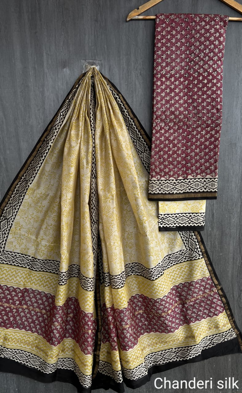 Chanderi Silk Unstitched Suit Set – 2.5m Silk Top & Dupatta with Cotton Bottom