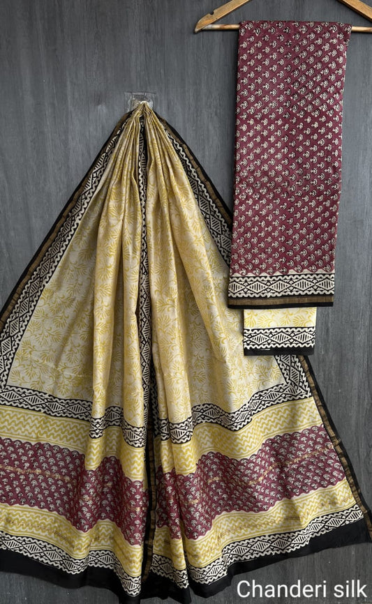 Chanderi Silk Unstitched Suit Set – 2.5m Silk Top & Dupatta with Cotton Bottom