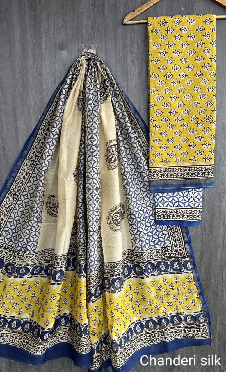 Chanderi Silk Unstitched Suit Set – 2.5m Top & Dupatta with Cotton Bottom