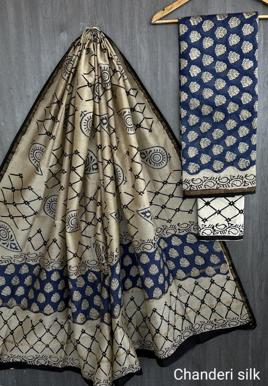 Chanderi Silk Beige & Navy Unstitched Suit Set – 3 Piece (Top, Dupatta & Cotton Bottom)