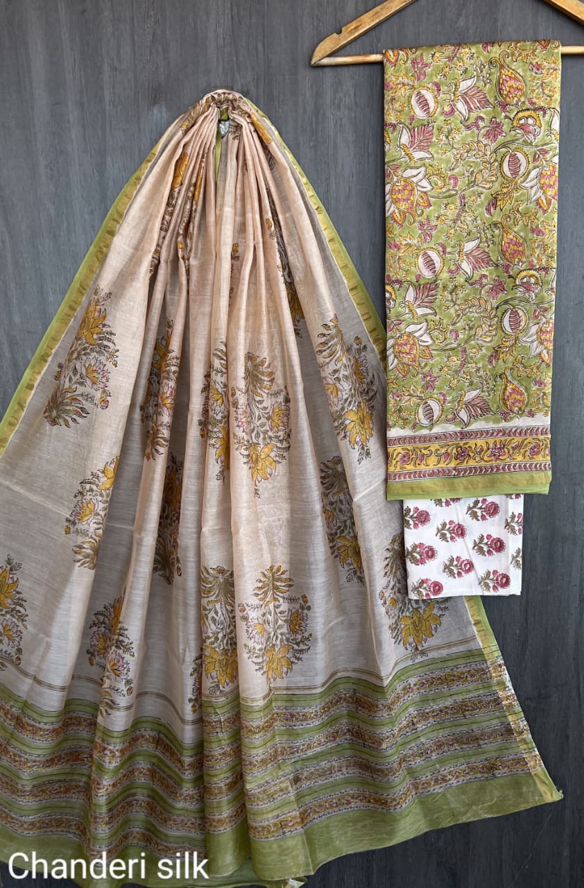 Chanderi Silk Floral Unstitched Suit Set – 3 Piece (Top, Dupatta & Cotton Bottom)