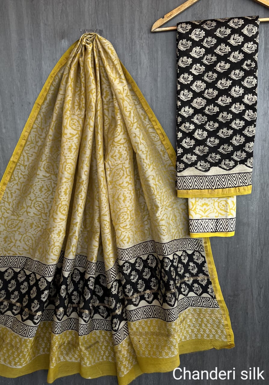 Black & White Polka Dot Chanderi Silk Suit Set with Blue Cotton Bottom