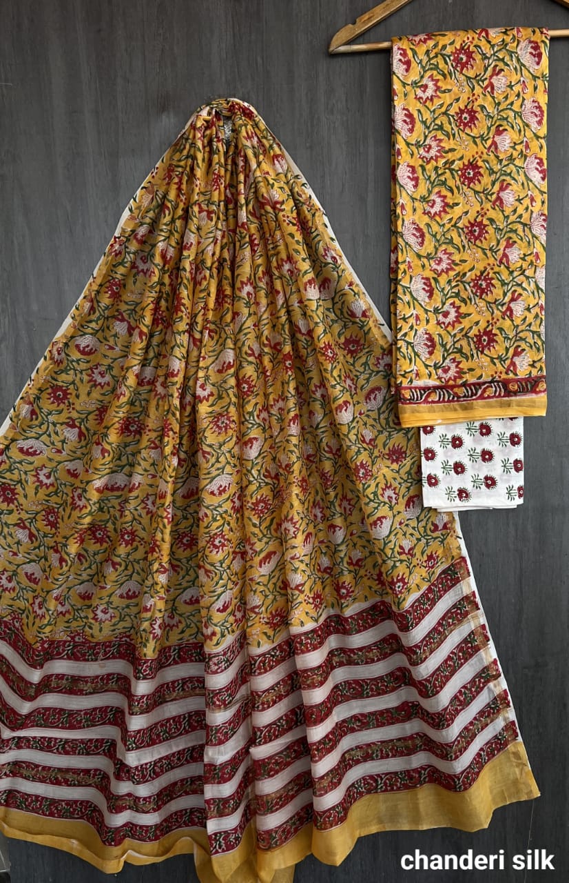 Chanderi Silk Floral Unstitched Suit Set – 3 Piece (Top, Dupatta & Cotton Bottom)