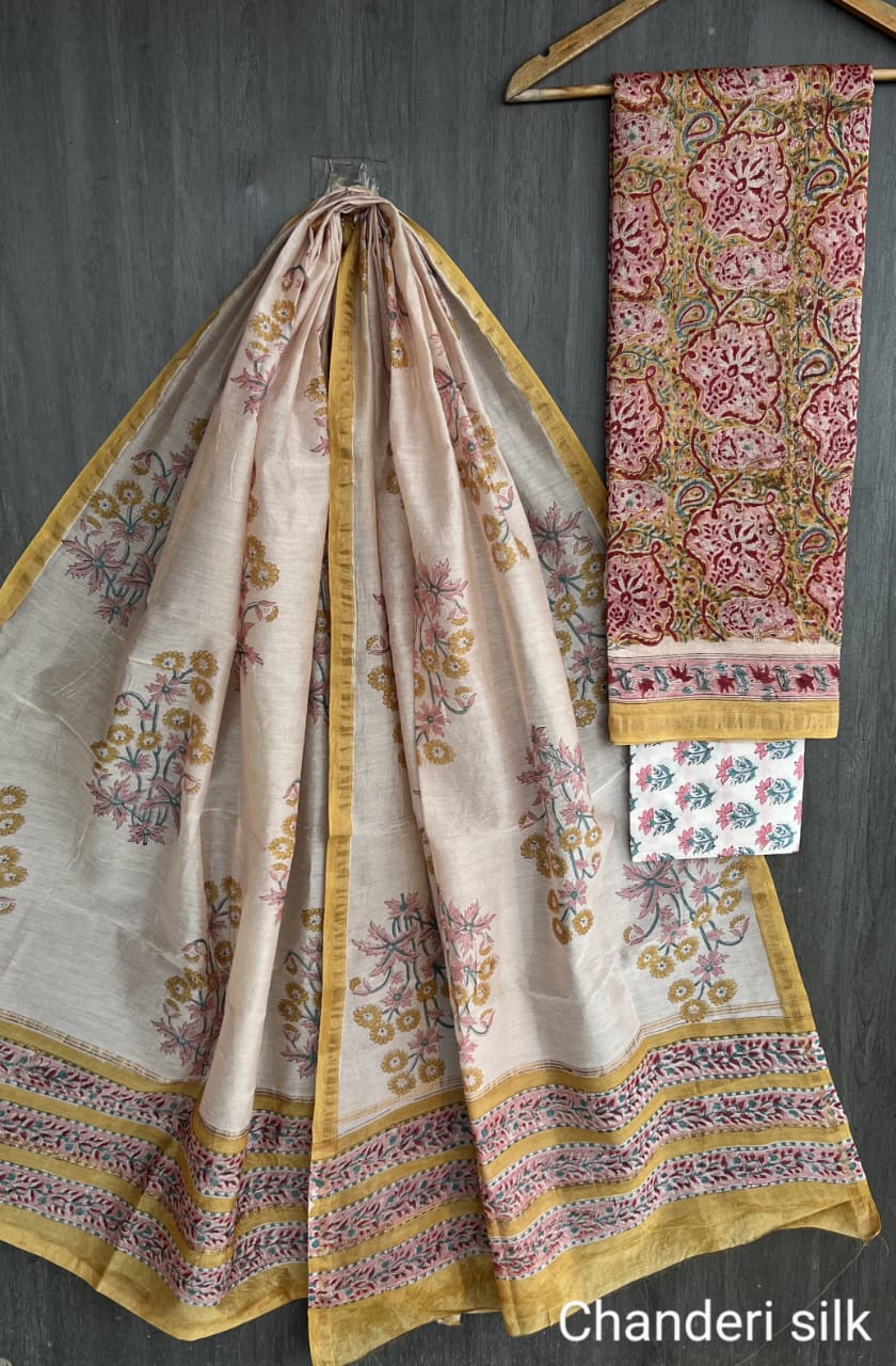 Chanderi Silk Floral Unstitched Suit Set – 3 Piece (Top, Dupatta & Cotton Bottom)