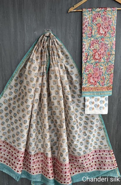 Pastel Beige & Floral Chanderi Silk Suit Set with Cotton Bottom
