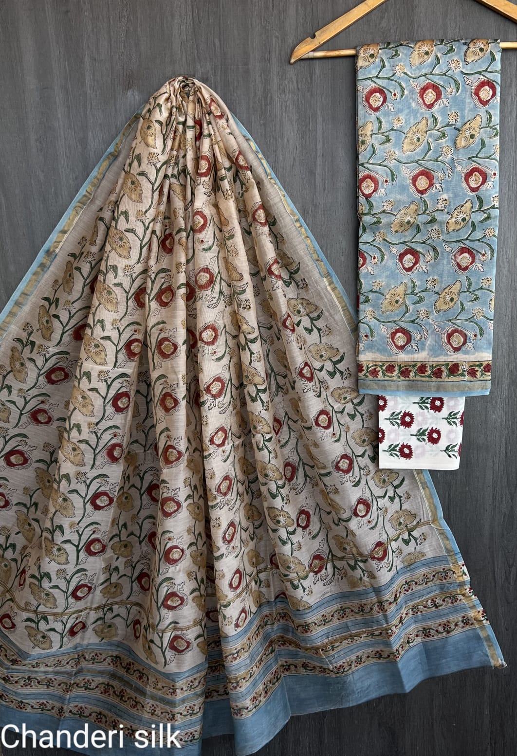 Pastel Beige & Floral Chanderi Silk Suit Set with Cotton Bottom