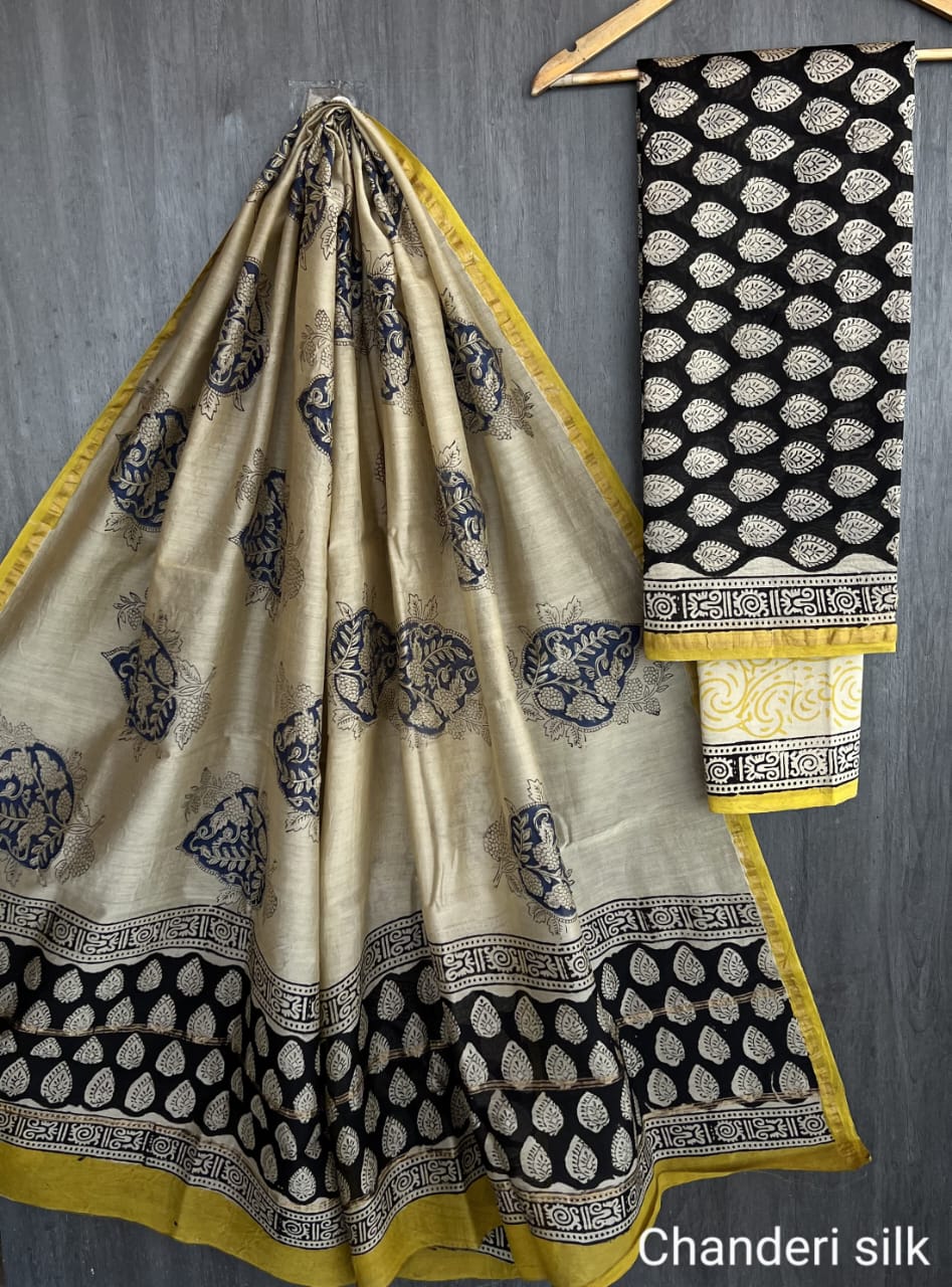 Chanderi Silk Paisley Unstitched Suit Set – 3 Piece (Top, Dupatta & Cotton Bottom)