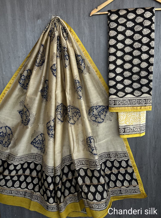 Chanderi Silk Paisley Unstitched Suit Set – 3 Piece (Top, Dupatta & Cotton Bottom)
