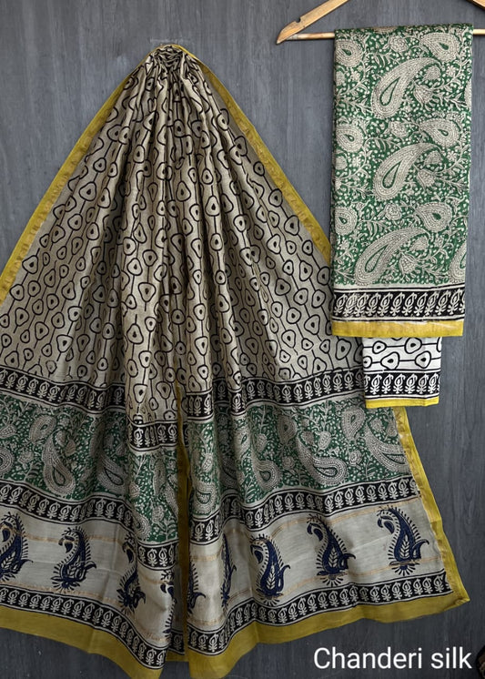 Chanderi Silk Black & Beige Unstitched Suit Set – 3 Piece (Top, Dupatta & Cotton Bottom)