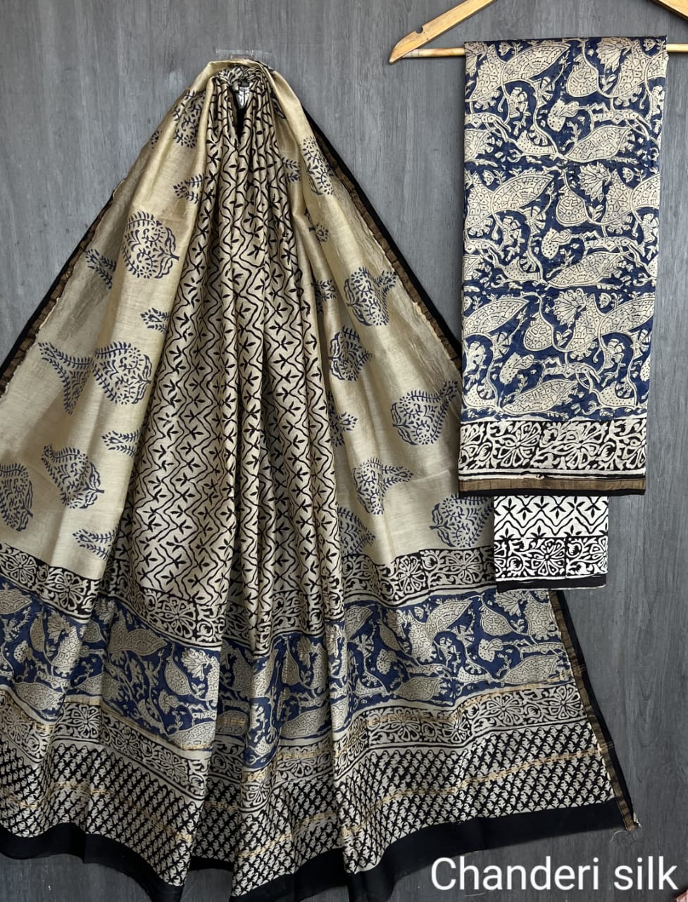 Chanderi Silk Beige & Navy Unstitched Suit Set – 3 Piece (Top, Dupatta & Cotton Bottom)