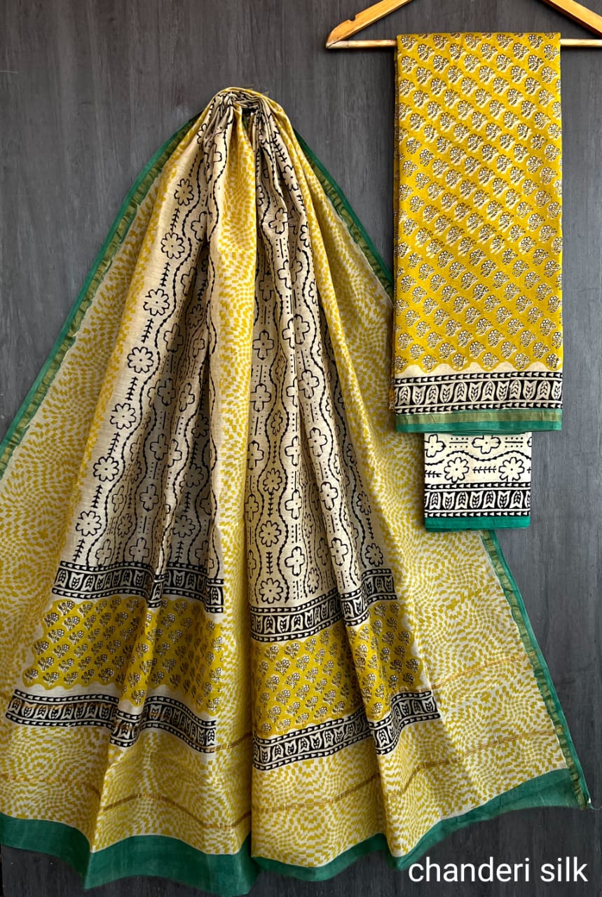 Chanderi Silk Yellow & Ivory Unstitched Suit Set – 3 Piece (Top, Dupatta & Cotton Bottom)