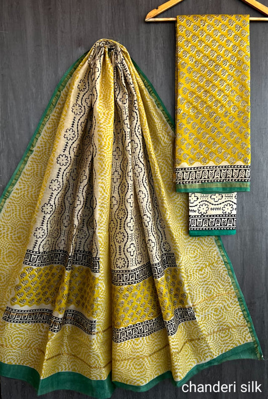 Chanderi Silk Yellow & Ivory Unstitched Suit Set – 3 Piece (Top, Dupatta & Cotton Bottom)